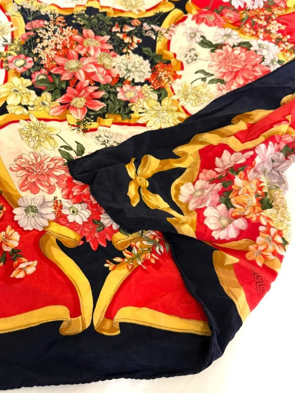 VINTAGE ERRE RED GOLD RIBBON MOTIF FLORAL HAND ROLLED SQUARE SILK SCARF ITALY